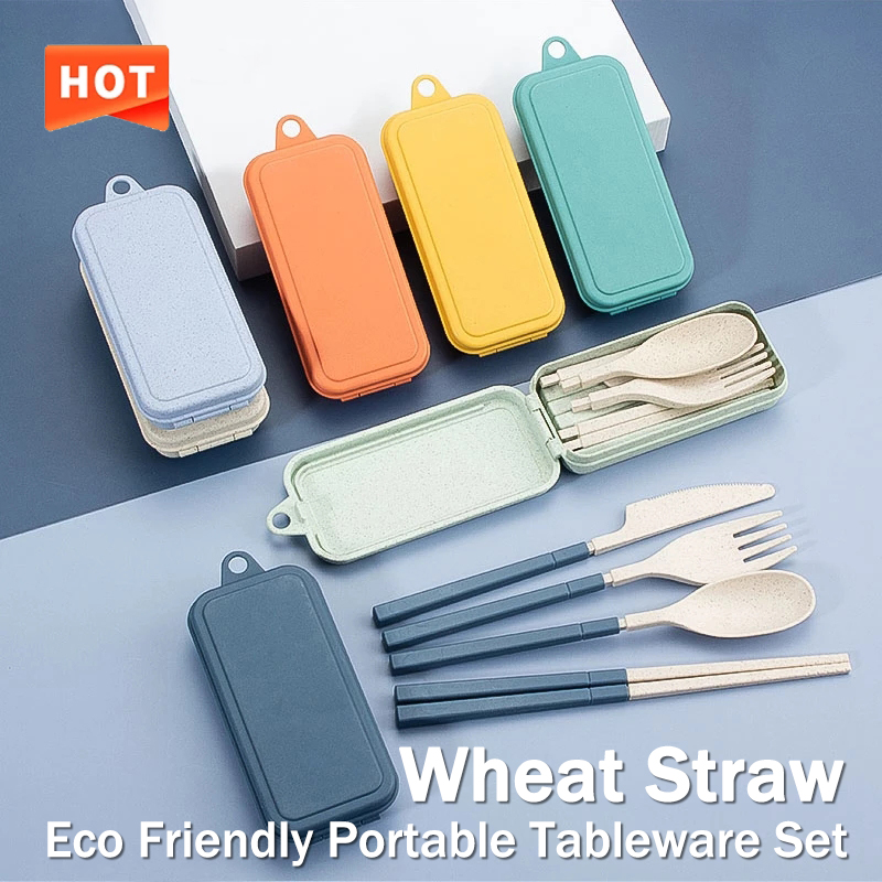 Camping Cooking And Cutlery Set - 4Pcs Portable Tableware Set Wheat Straw